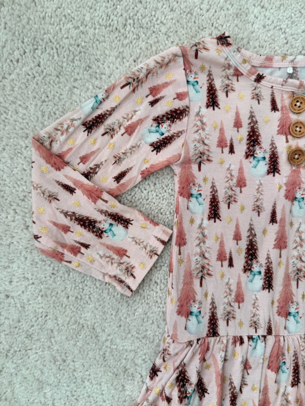 Posh Peanut Pink Christmas Tree Print & Gold Foil Long Sleeve Twirl Bodysuit - Picture 2 of 13